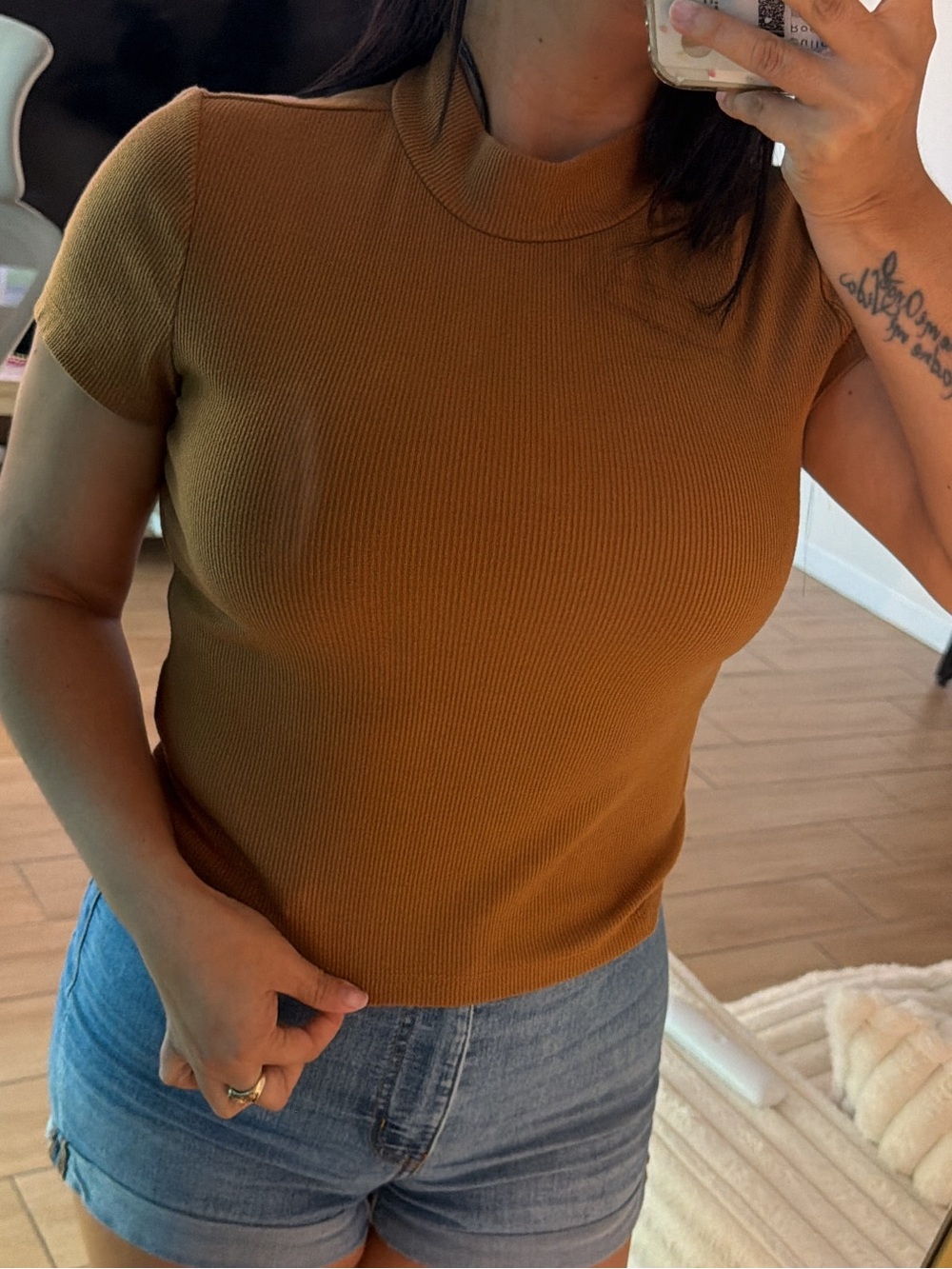 SHEIN Short Sleeve Ribbed Mock Neck Top in Caramel Brown